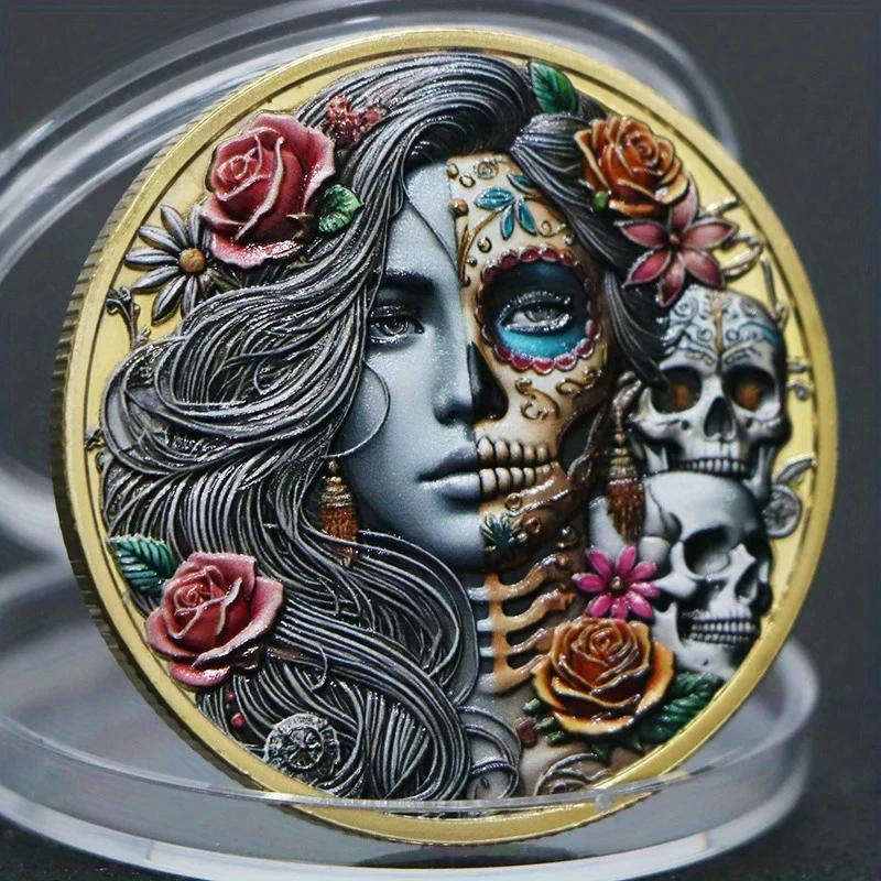 Gold Skull & Rose Coin  Striking Collectible Art
