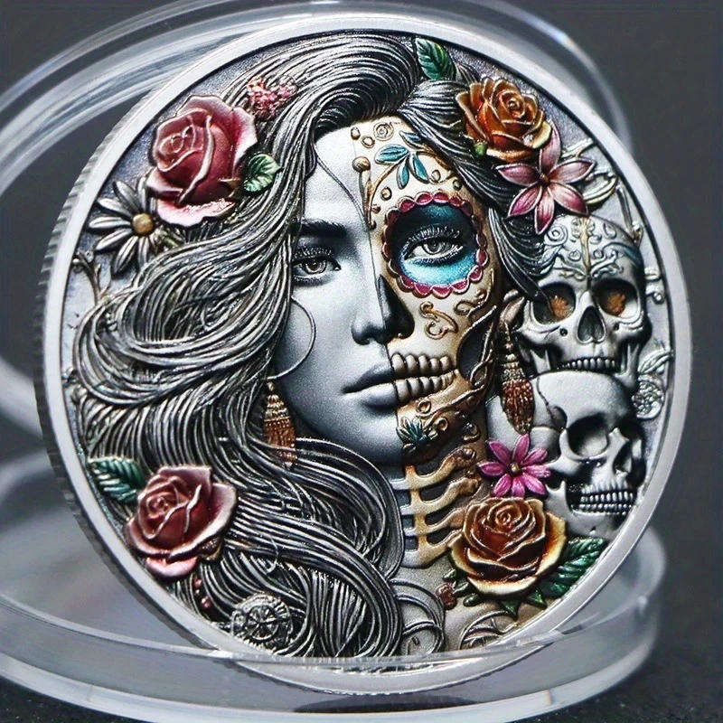 Silver Skull & Rose Coin  Striking Collectible Art