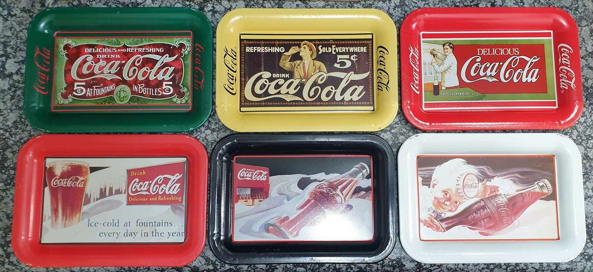Collection of 6 pre-1950 Coca-Cola outdoor billboards on trays (12cm x 17cm)