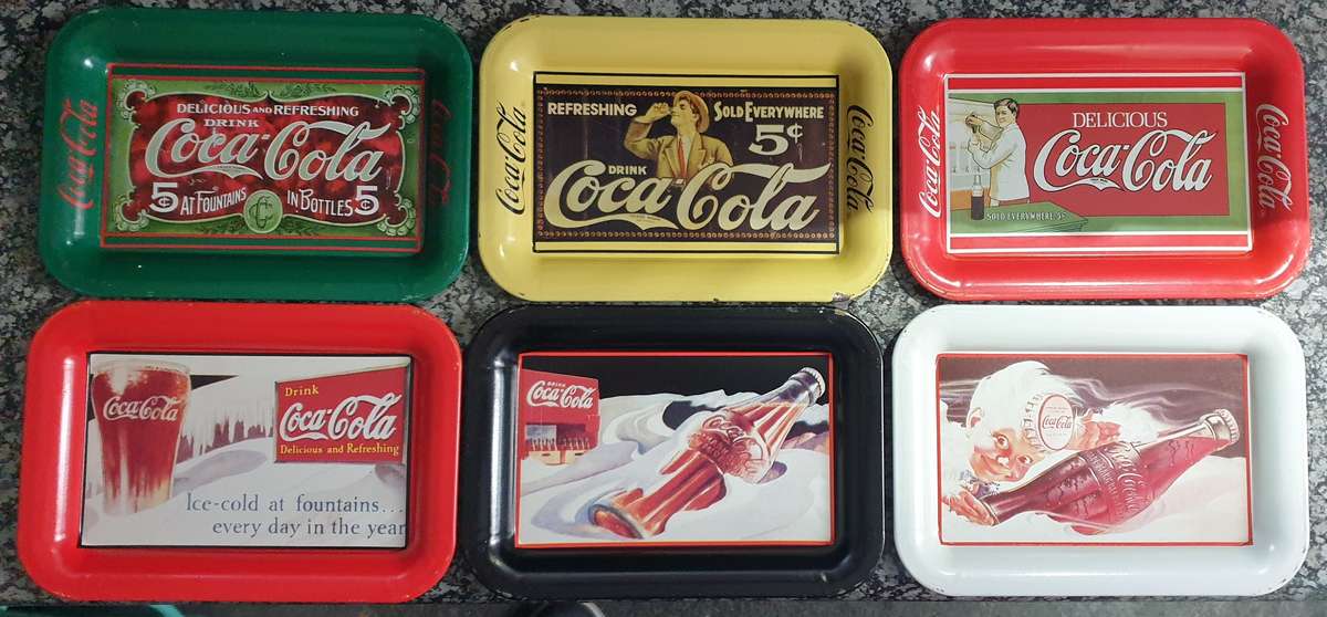 Collection of 6 pre - 1950 Coca-Cola outdoor billboard advertising on tray (12cm x 17cm)