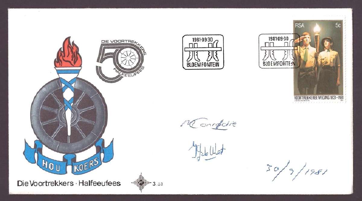 RSA 1981 FDC 3.33 VOORTREKKERS SIGNED BY VOORTREKKER LEADERS ON THE STAMP - SCARCE!