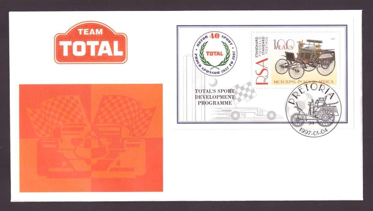 RSA 1997 TOTAL'S SPORT DEVELOPMENT MINIATURE SHEET ON PRIVATELY ISSUED FDC - SCARCE!