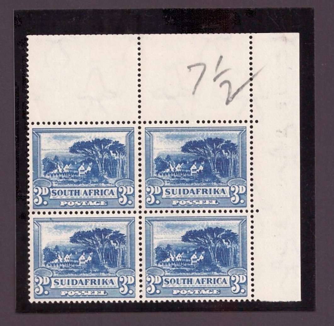 UNION OF SA 1930 3D BLUE WITH INVERTED WATERMARK - CORNER BLOCK OF 4 MNH - SACC 46a