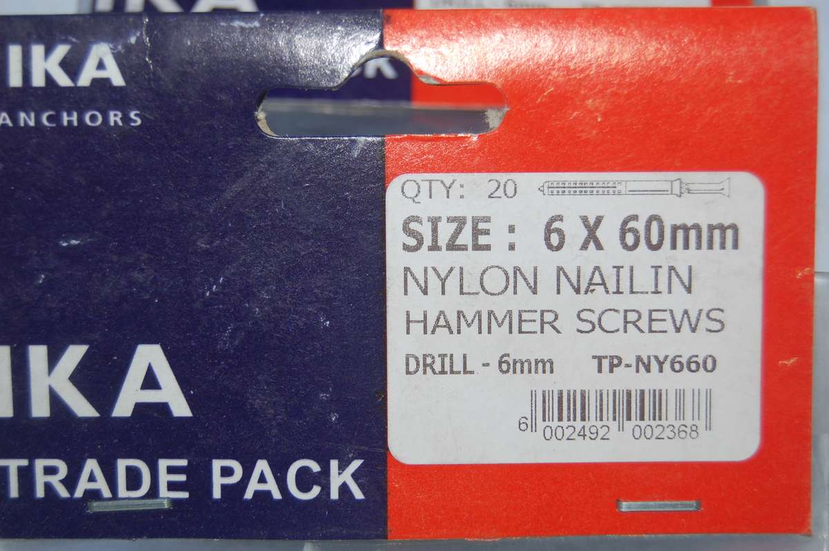 IKA NAIL IN HAMMER SCREW NYLON WALL FASTENERS 6MM X 60MM