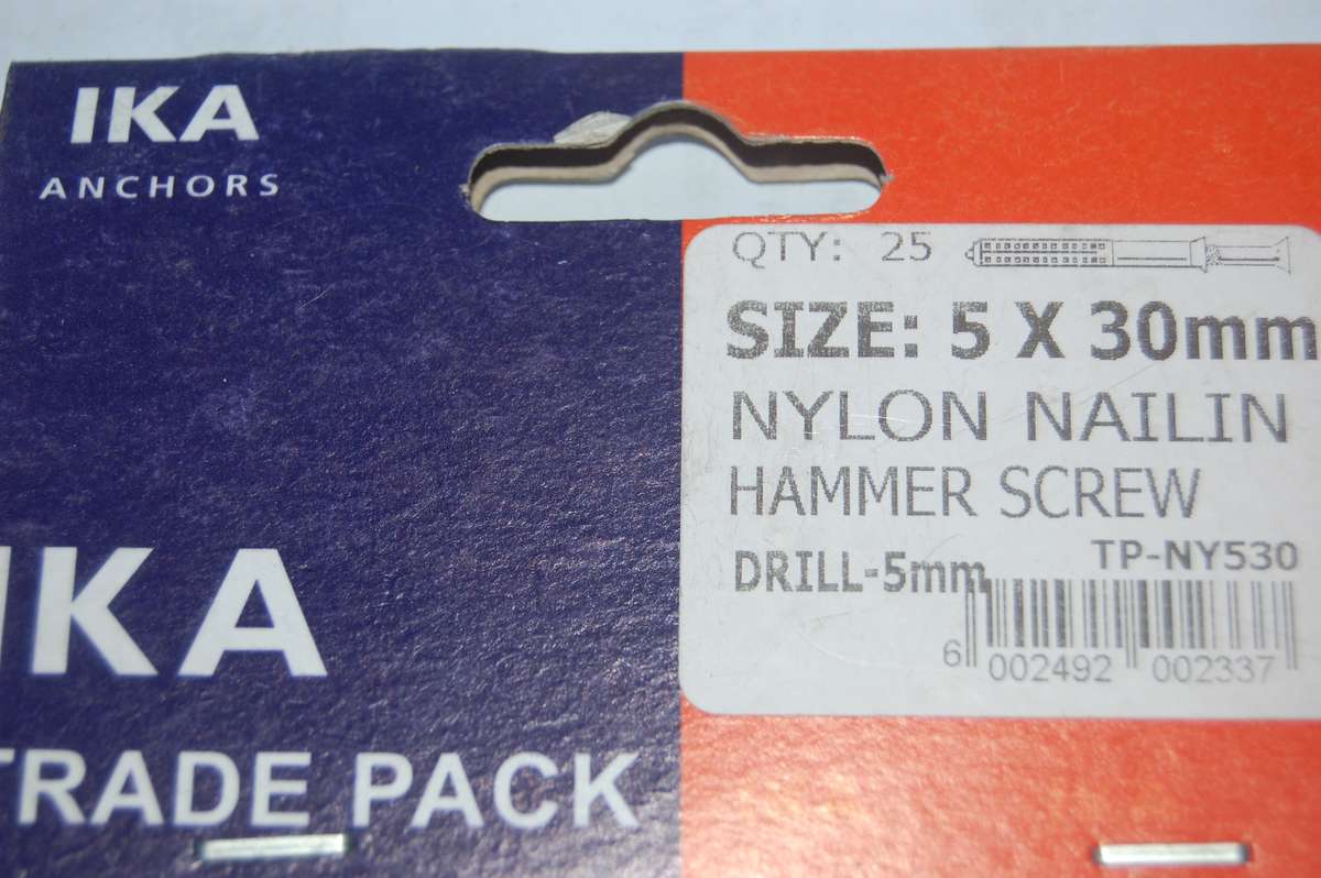 IKA NAIL IN HAMMER SCREW NYLON WALL FASTENERS 5MM X 30MM