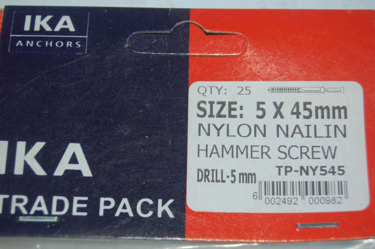 IKA NAIL IN HAMMER SCREW NYLON WALL FASTENERS 5MM X 45MM