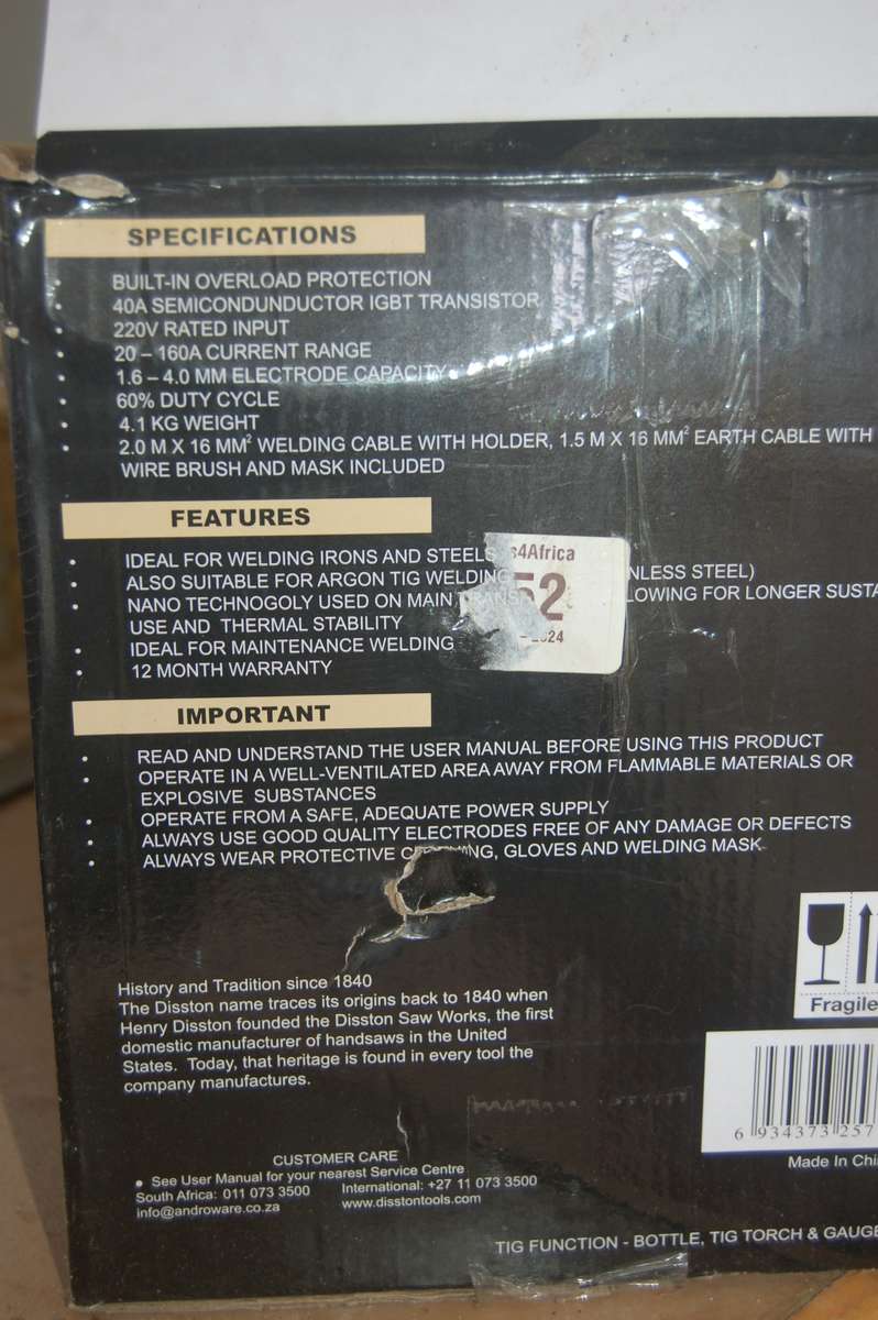 DISSTON 160AMP MMA/TIG DC INVERTER WELDER NEW WITH ACCESSORIES