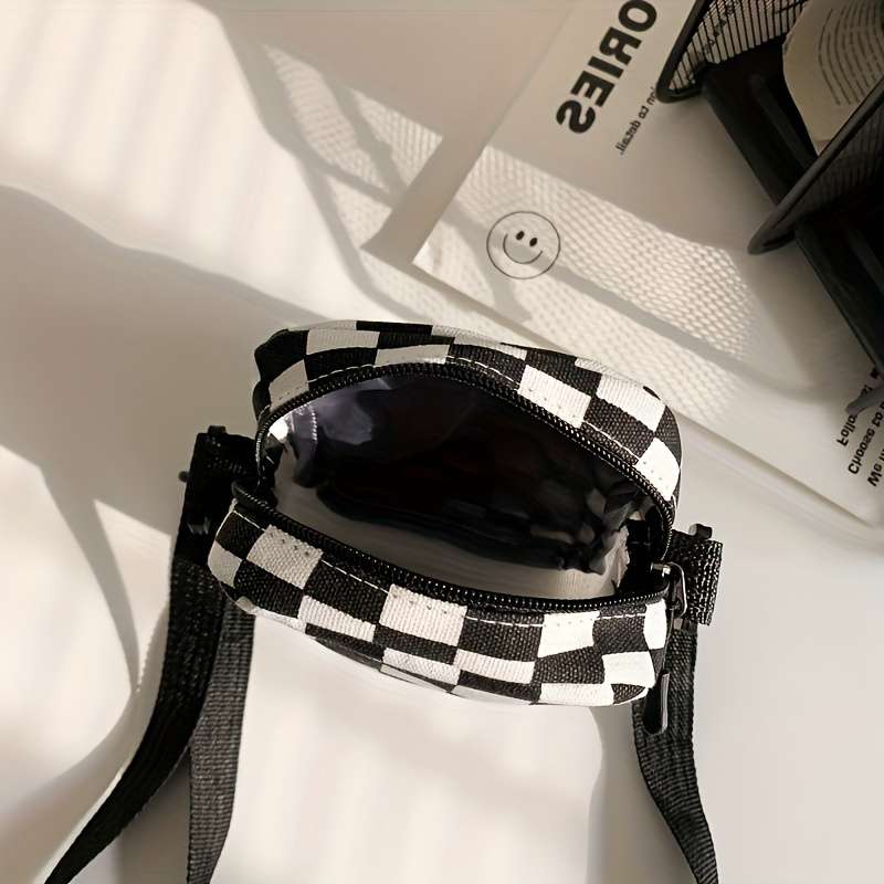 Check Canvas Crossbody Bag Square Wallet In Front Pocket Mini Shoulder Bag With Space For Phone An