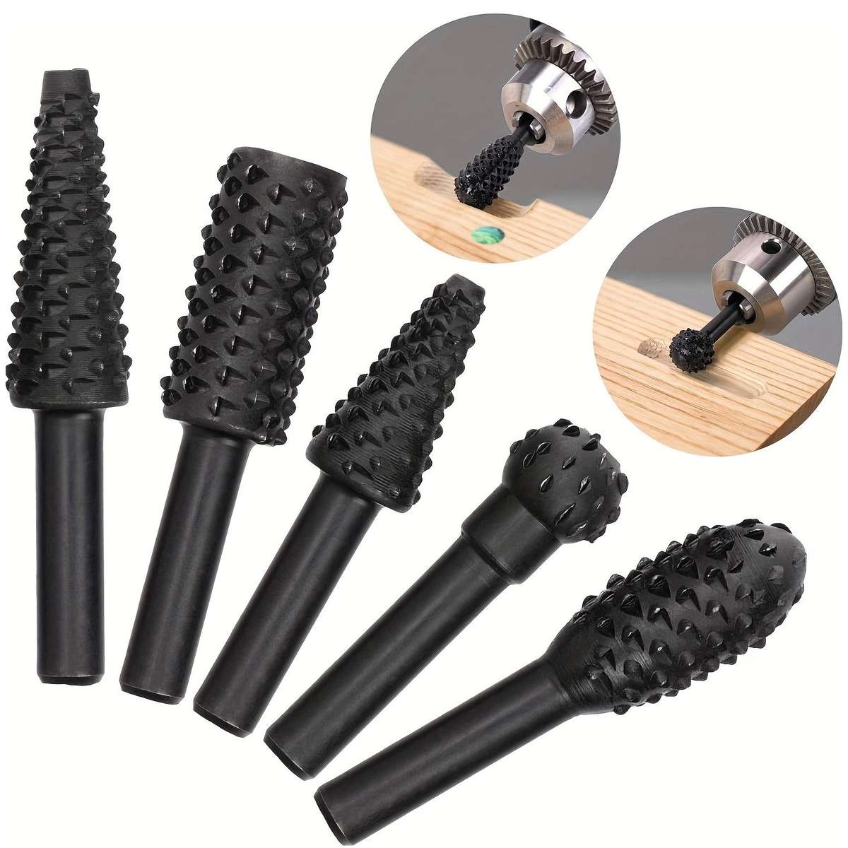 5-Piece Wood Carving Rasp Drill Bit Set 1/4 Inch 6mm Rotary Rasp Drill Bits For Diy Woodworking