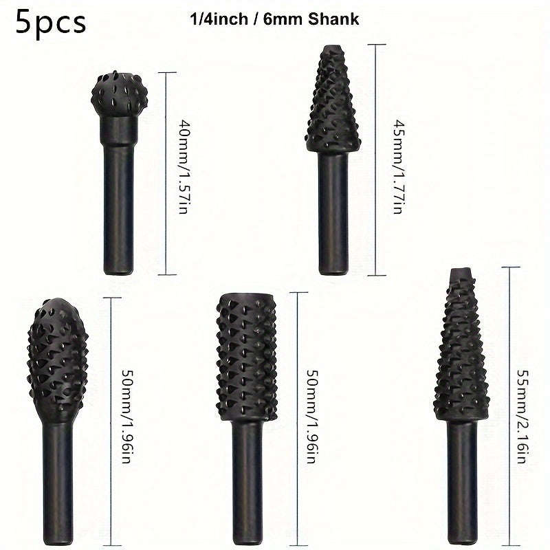 5-Piece Wood Carving Rasp Drill Bit Set 1/4 Inch 6mm Rotary Rasp Drill Bits For Diy Woodworking