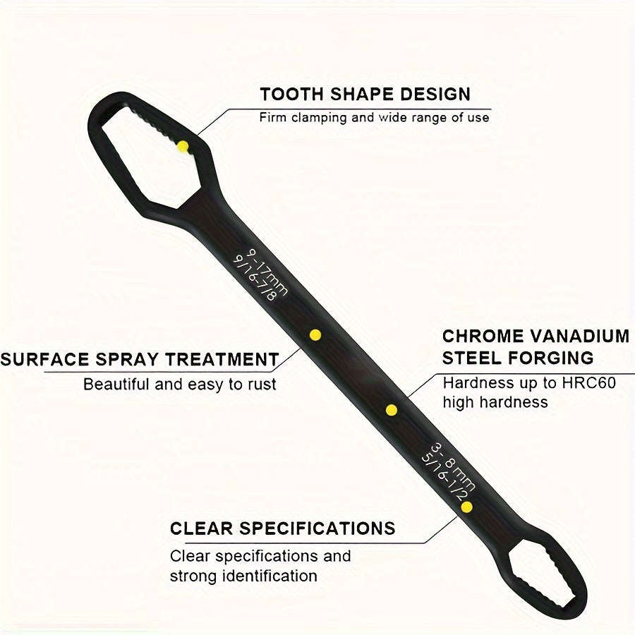 1 Piece Heavy Duty Adjustable Wrench Double Ended Wrench 5mm Thick Metal Construction 3-17mm