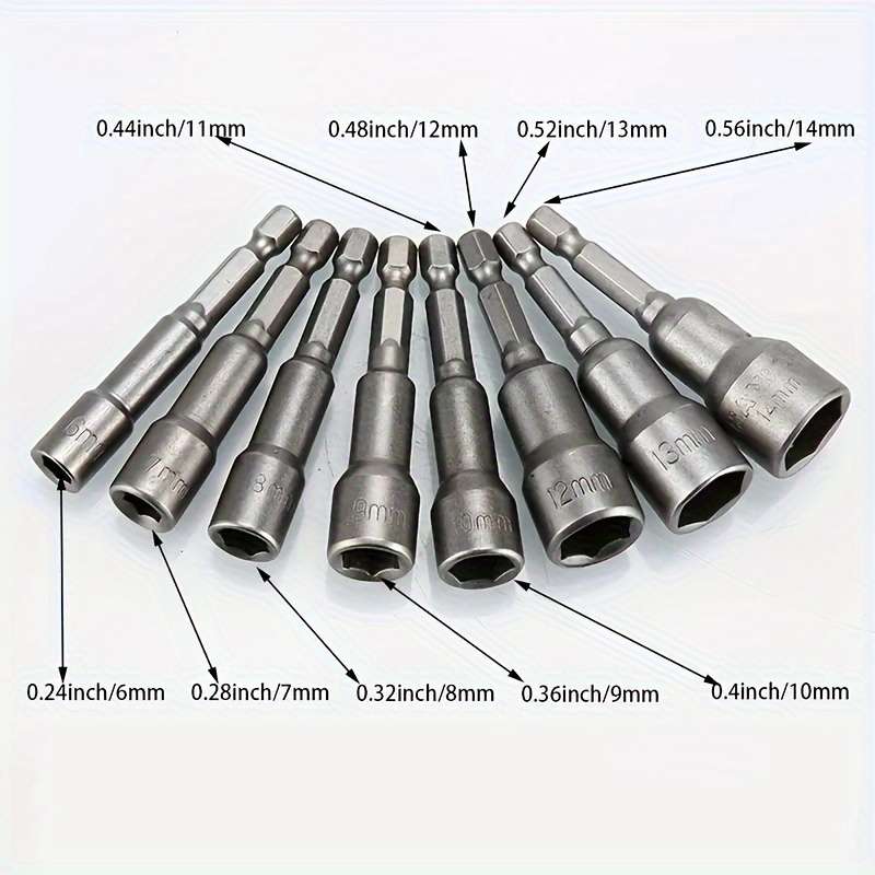 9-Piece Set Of 5mm To 13mm Hex Socket Driver Bits For Drills - Carbon Steel Construction