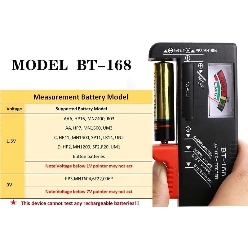 Battery Tester Bt-168 - Universal Device For Quick And Easy Checking Of Aa, Aaa, C, D, 9V, 1.5V Batt