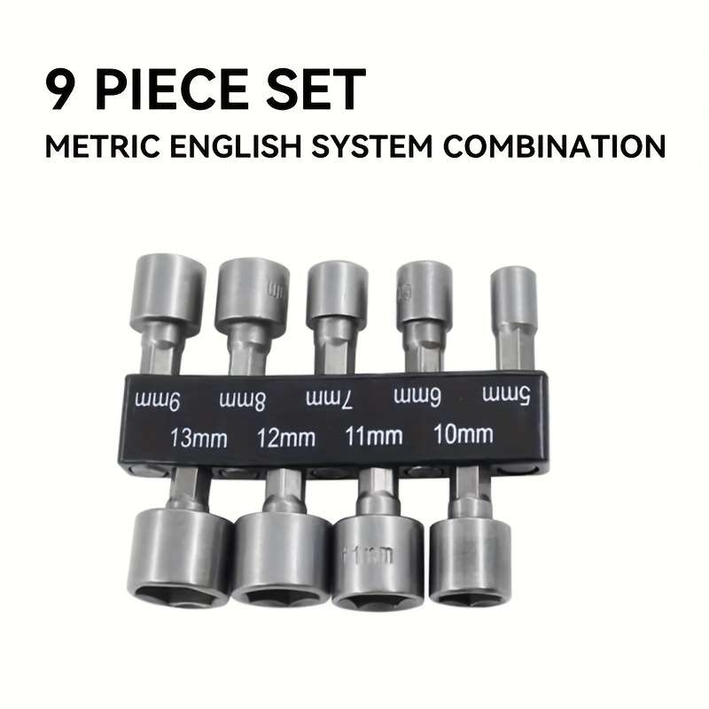 9-Piece Set Of 5mm To 13mm Hex Socket Driver Bits For Drills - Carbon Steel Construction
