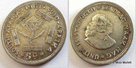 South African , 500 silver 5 cents 1961 to 1964