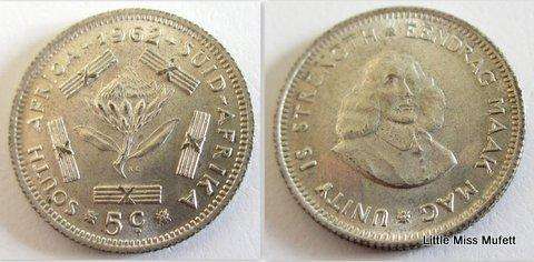 South African , 500 silver 5 cents 1961 to 1964