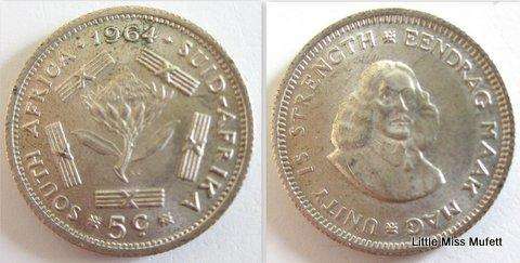 South African , 500 silver 5 cents 1961 to 1964