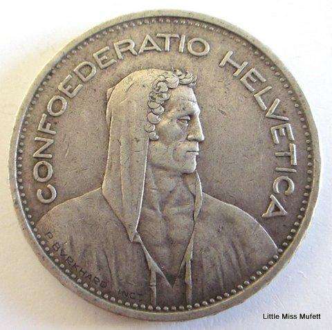 A 1932 Swiss 5 Franc--Composition--excellent coin --Silver (.900)  Weight 25 g