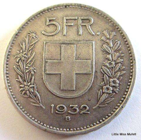 A 1932 Swiss 5 Franc--Composition--excellent coin --Silver (.900)  Weight 25 g
