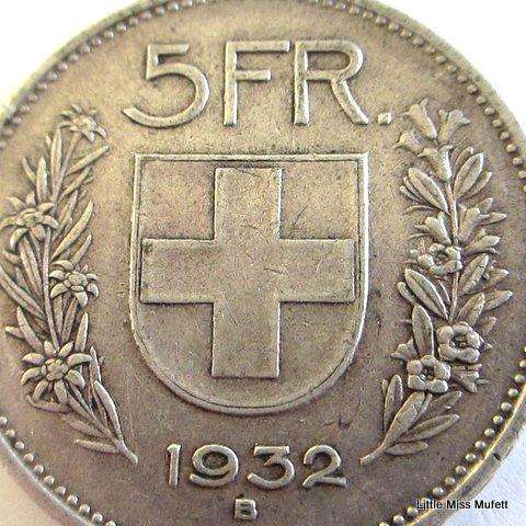 A 1932 Swiss 5 Franc--Composition--excellent coin --Silver (.900)  Weight 25 g