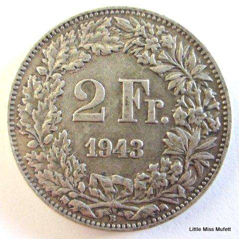 A 1943 Swiss 2 Franc---Composition Silver (.835)  Weight  10 g