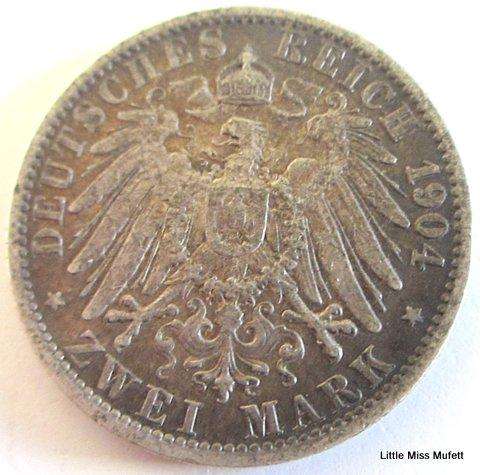 1904 William German Prussia 2 Mark Silver Coin - Composition: .900 Silver, Weight: 11.11g
