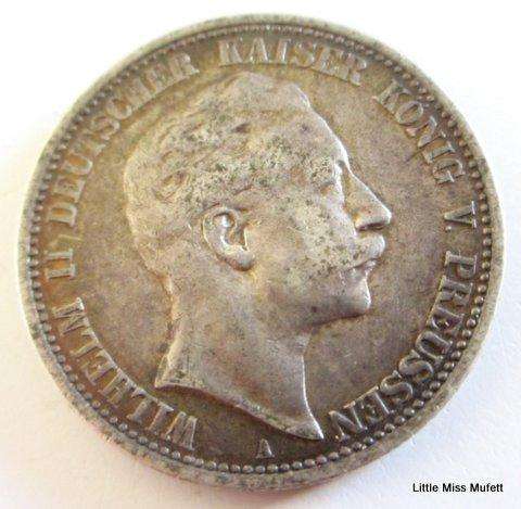 1904 William German Prussia 2 Mark Silver Coin - Composition: .900 Silver, Weight: 11.11g