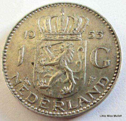 A 1955 Netherlands silver 1 Gulden--Composition Silver (.720)  Weight6.5 g