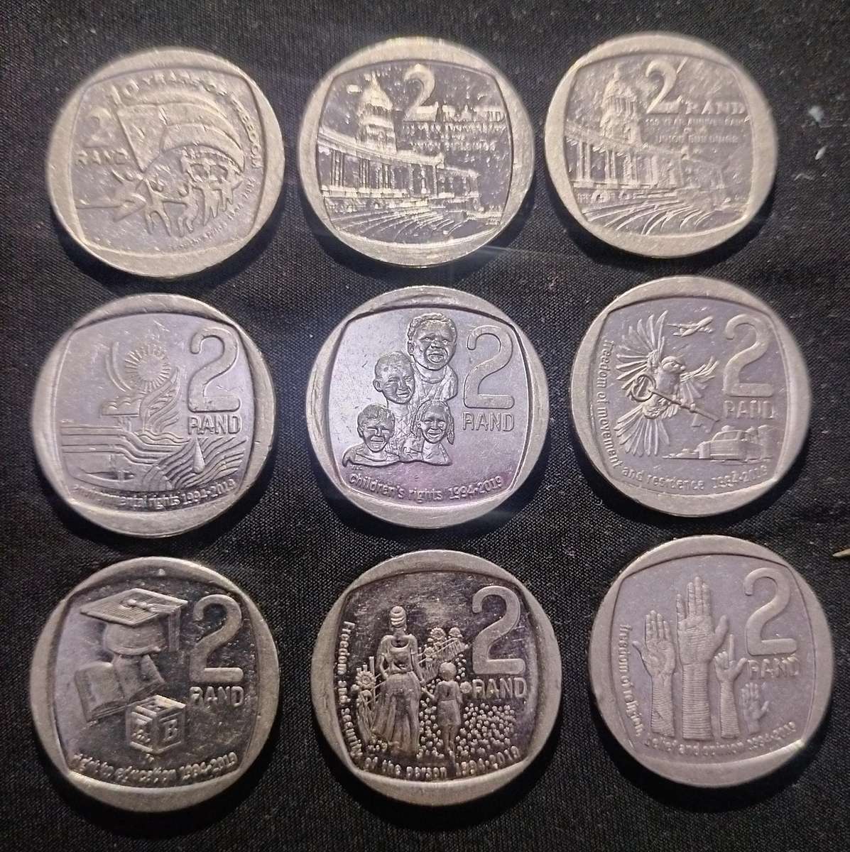 9 South African circulated Commemorative R2 coins in fine to very fine condition
