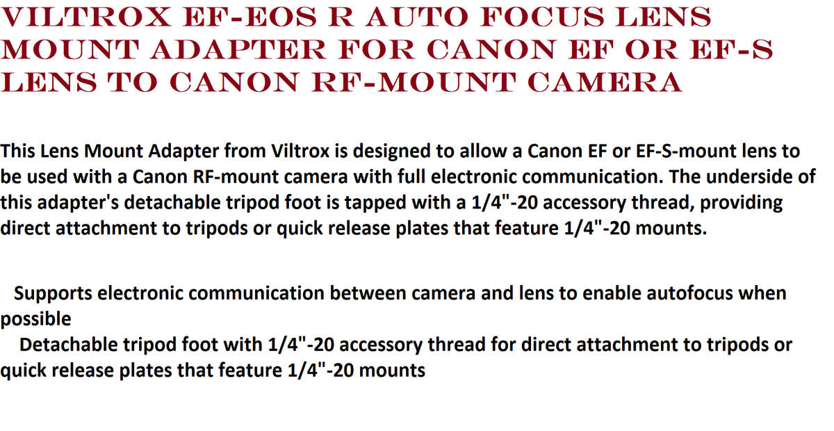 Viltrox EF-EOS R Auto Focus Lens Mount Adapter for Canon EF or EF-S Lens to Canon R-Mount Camera