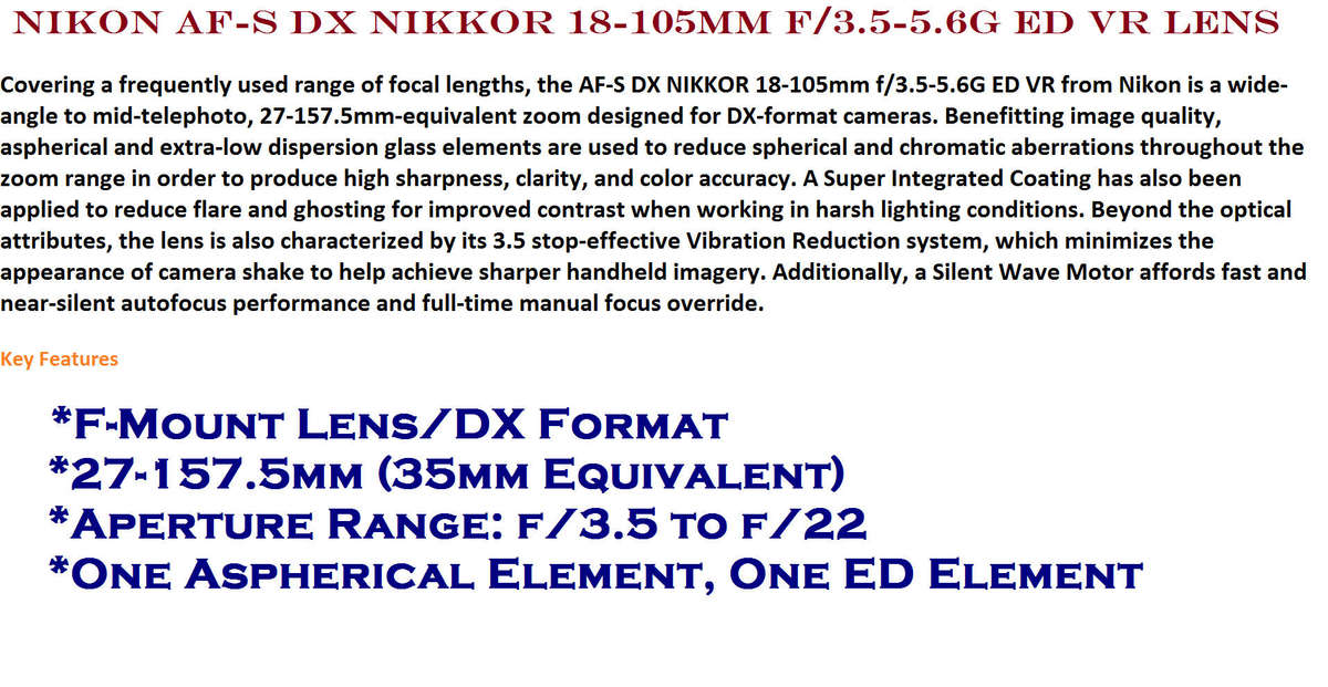 Nikon AF-S DX NIKKOR 18-105mm f/3.5-5.6G ED VR Lens