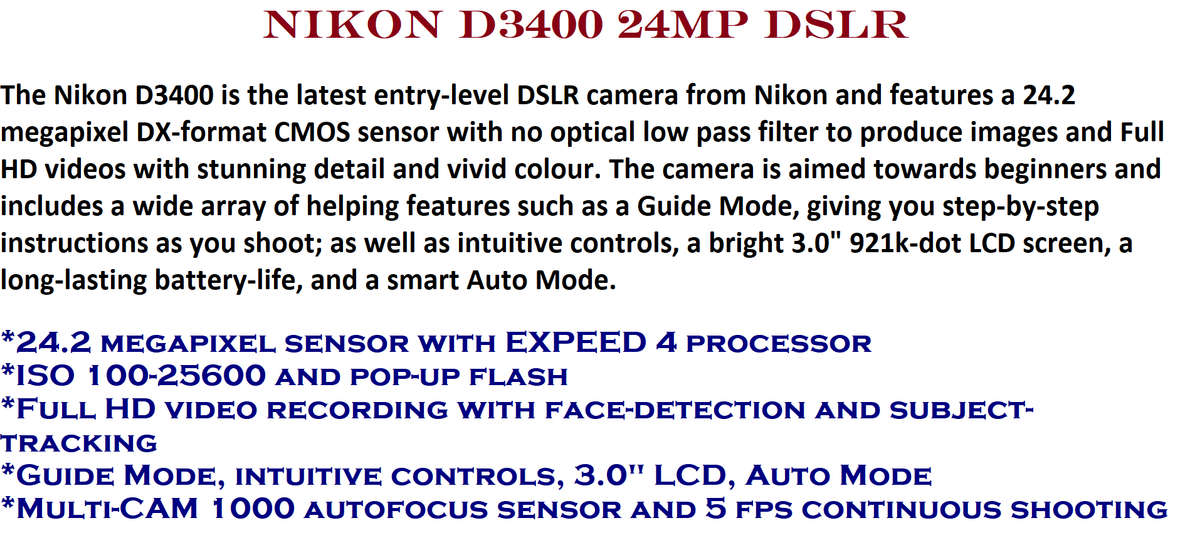 Nikon D3400 24MP DSLR ,FULL HD MOVIES with AF-P 18-55mm Lens ,VERY GOOD CONDITION. LOW SHUTTER(2050)