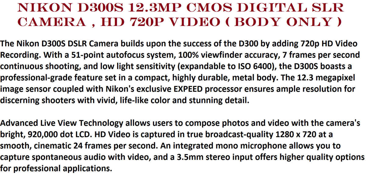 Nikon D300s 12.3MP CMOS Digital SLR Camera , HD 720p Video ( Body Only )