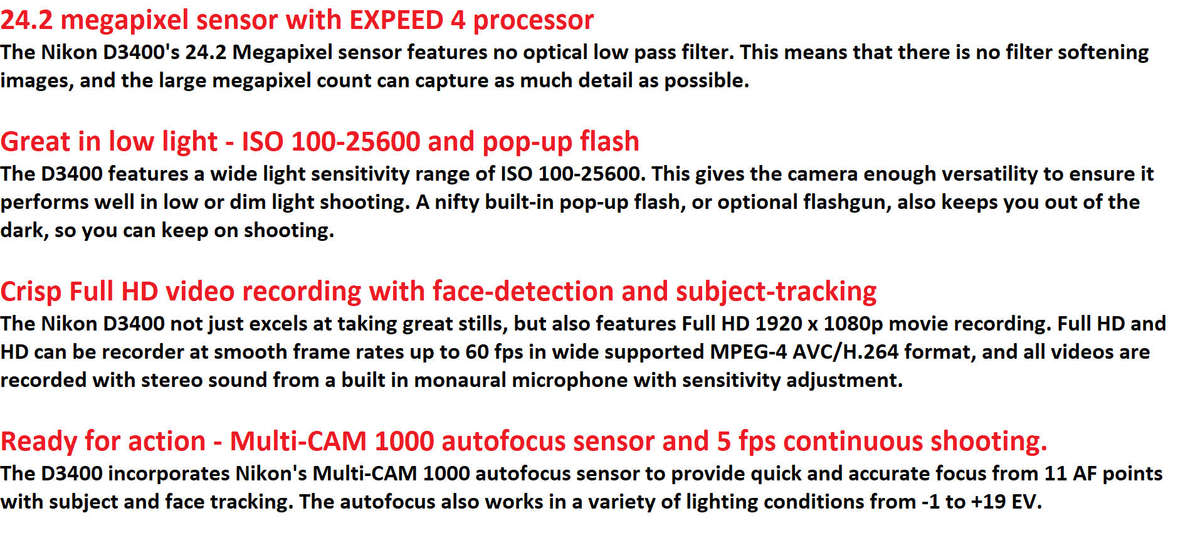 Nikon D3400 24MP DSLR with AF-P 18-55mm Zoom  Lens , CHARGER And NIKON BAG, Low Shutter count