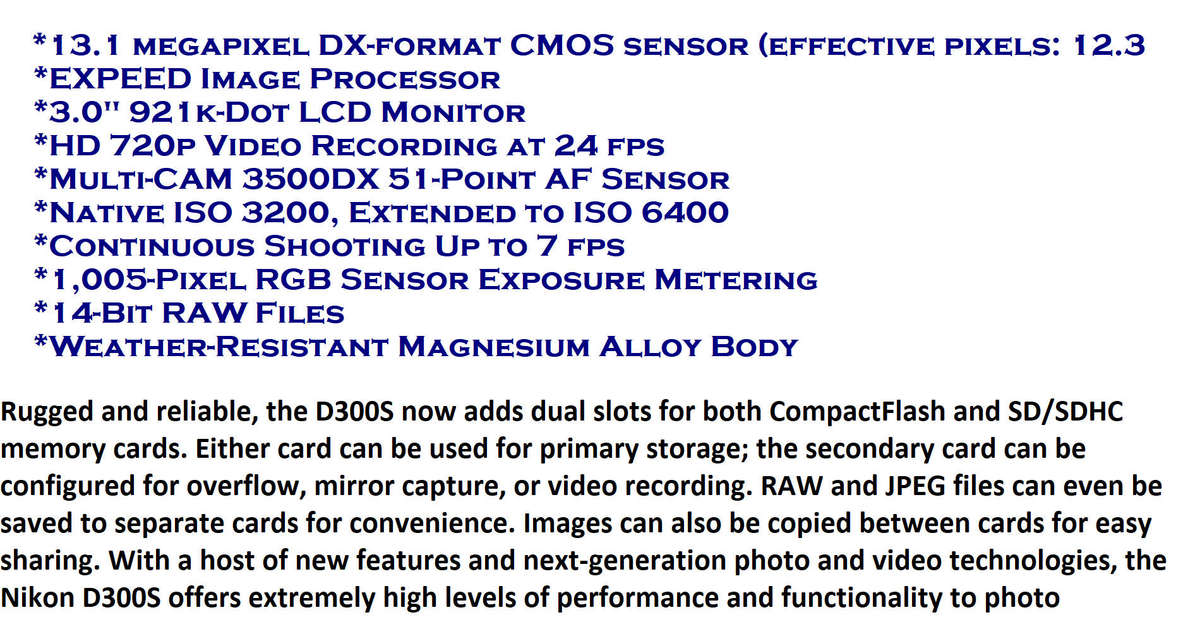 Nikon D300s 12.3MP CMOS Digital SLR Camera , HD 720p Video ( Body Only )