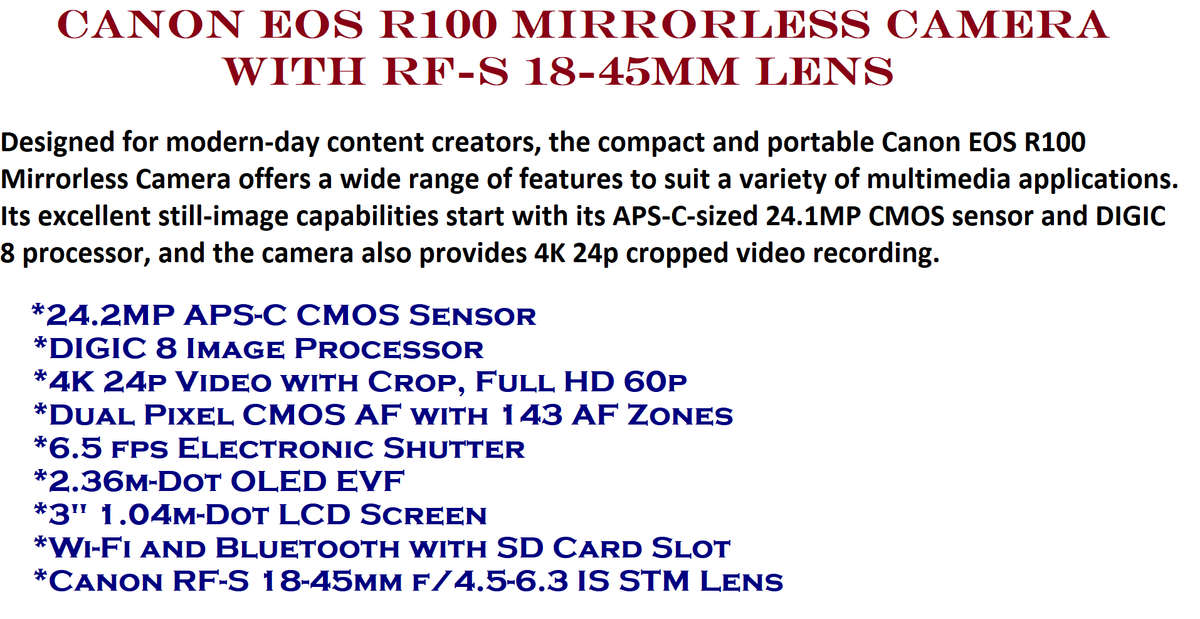 Canon EOS R100 Mirrorless Camera with RF-S 18-45mm Lens