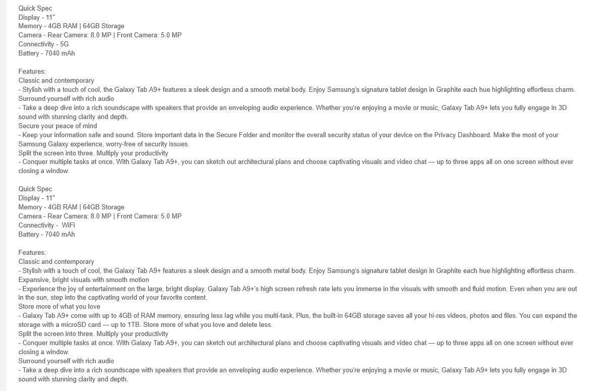 Samsung Galaxy Tab A9+  11" 64GB 5G Tablet in VERY GOOD CONDITION