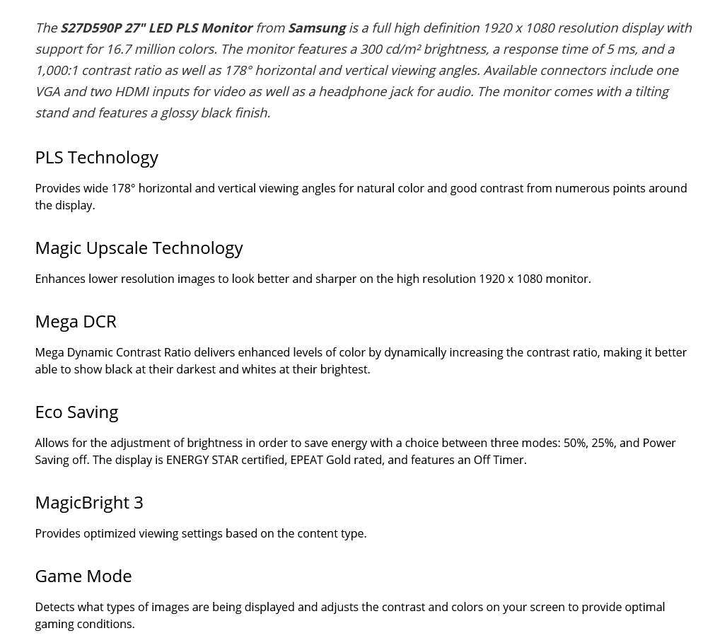 Samsung S27D590C 27" Full HD (1920x1080) PLS 4ms Response Curved LED Glossy Black Desktop Monitor