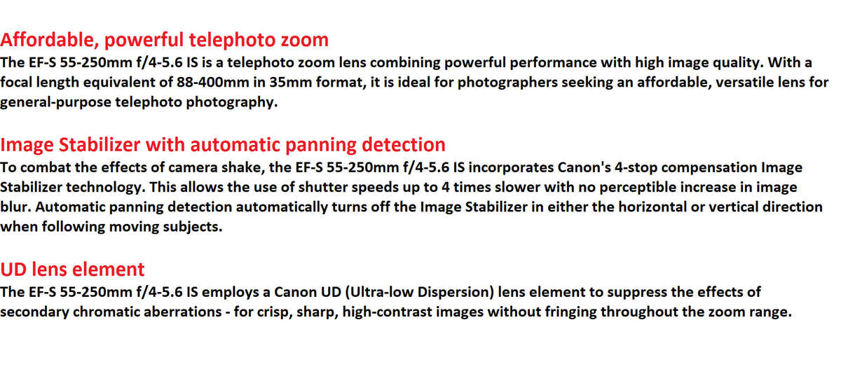 Canon EF-S 55-250mm f/4-5.6 is Image Stabilizer Telephoto Zoom Lens