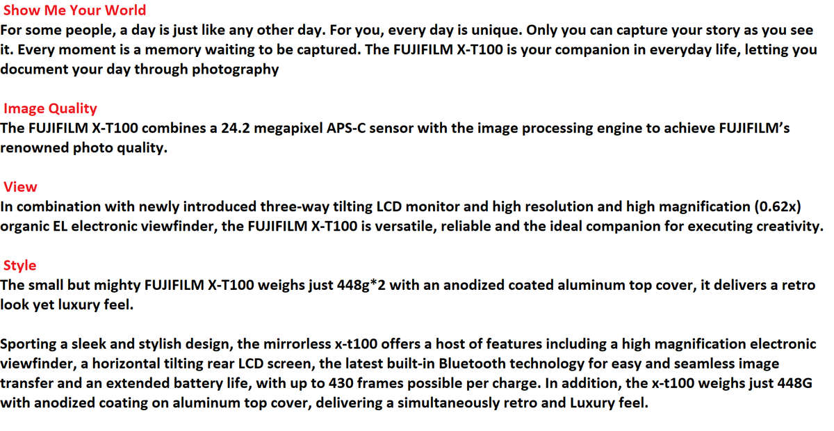 FUJIFILM X-T100 Mirrorless Digital Camera (Body Only, Black)