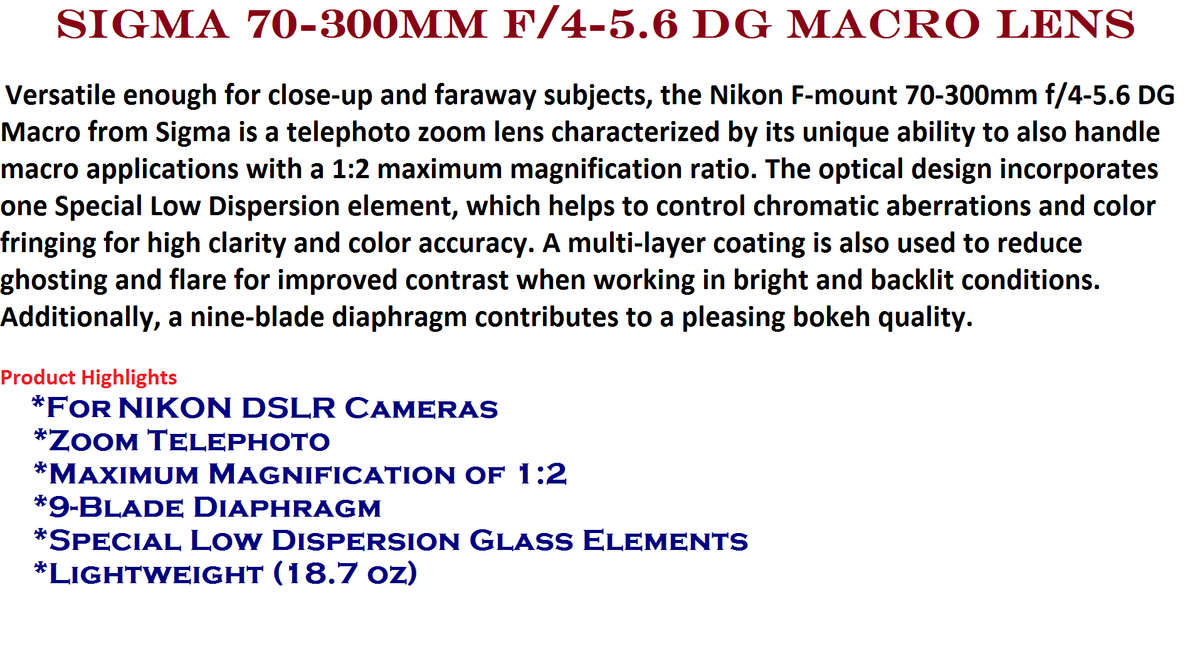 Sigma 70-300mm f/4-5.6 DG Macro Lens for NIKON EOS WITH LENS HOOD