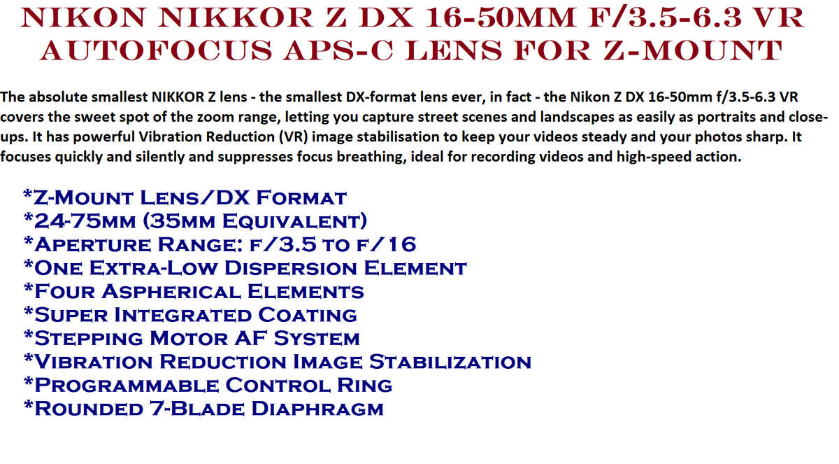 Nikon Nikkor Z DX 16-50mm f/3.5-6.3 VR Autofocus APS-C Lens for Z-Mount, Black