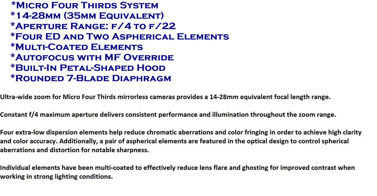 Panasonic 7-14mm f/4 Lumix G Vario Micro Four Thirds Lens