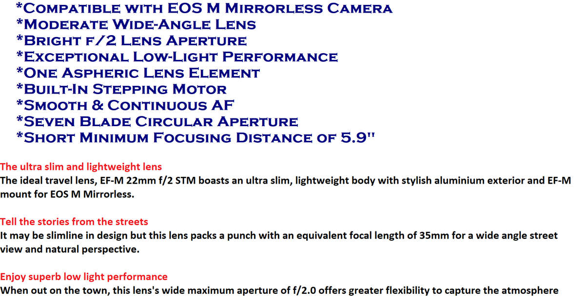 Canon EF-M 22mm f/2 STM Wide Angle Prime Pancake Compact Lens