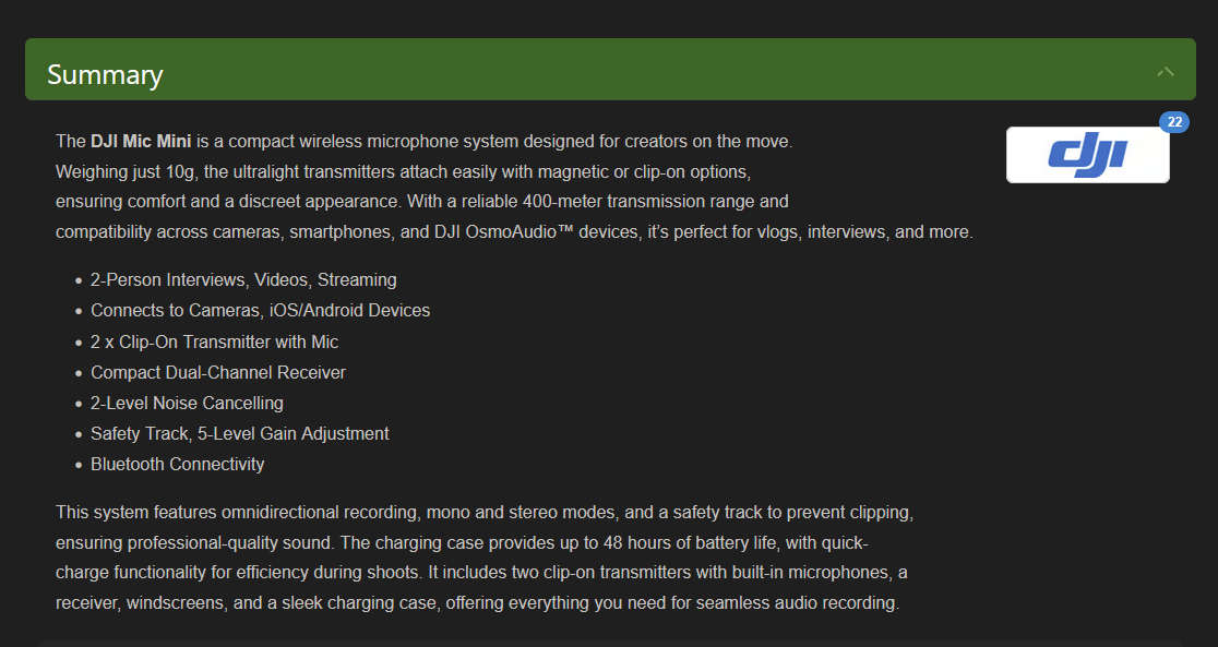 DJI Mic Mini 2-Person Compact Wireless Microphone System for Camera & Smartphone (2.4 GHz)