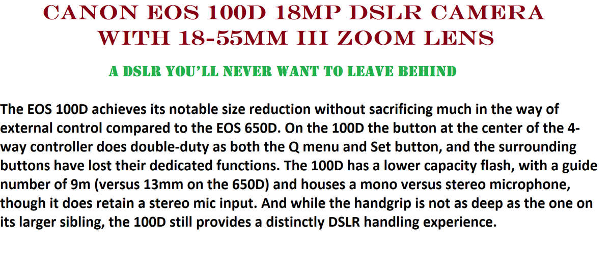 CANON EOS 100D, 18MP DSLR, FULL HD MOVIES , 18-55MM ZOOM LENS EXCELLENT CONDITION