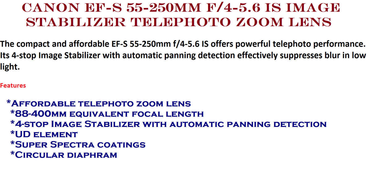 Canon EF-S 55-250mm f/4-5.6 is Image Stabilizer Telephoto Zoom Lens