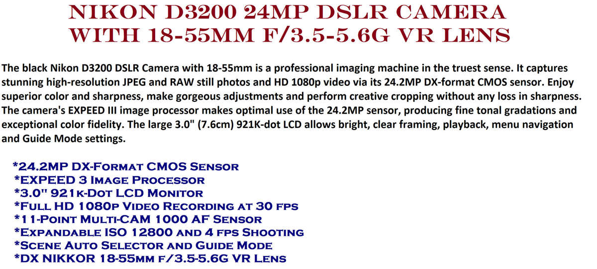 Nikon D3200 DSLR Camera with 18-55MM F/3.5-5.6G VR LENS
