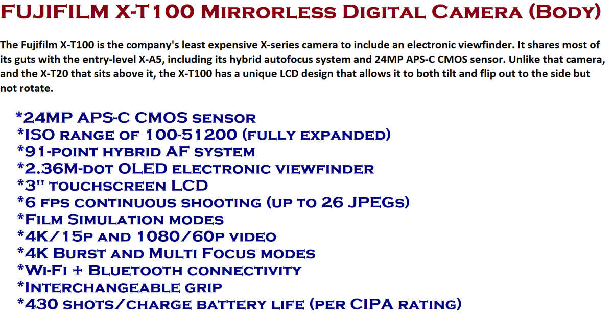 FUJIFILM X-T100 Mirrorless Digital Camera (Body Only, Black)