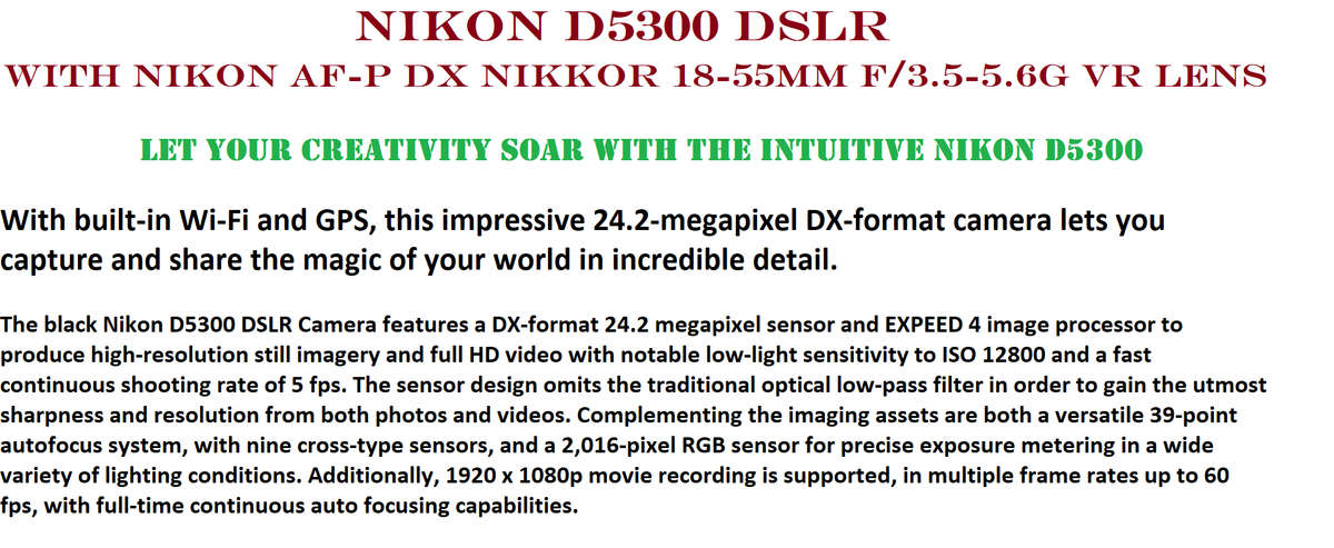 Nikon D5300 DSLR with AF-P DX 18-55mm f/3.5-5.6G VR Zoom Lens